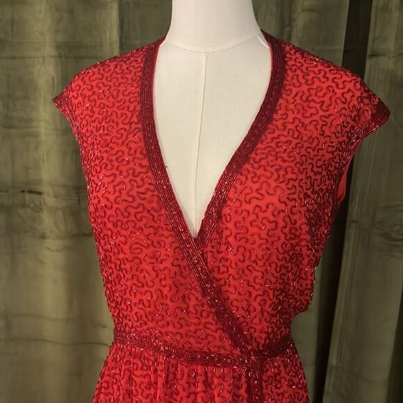 All beaded Elegant Red Wrap Dress, XS-S - Picture 3 of 14
